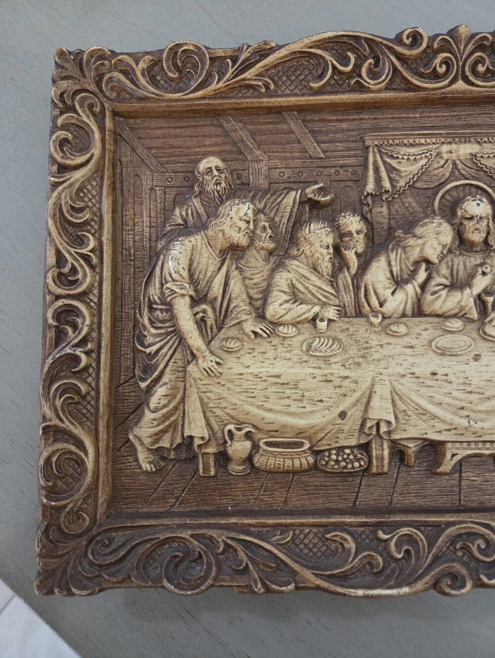 Vintage Multi Products Inc 3D Last Supper Wall Plaque Faux Wood Relief, EUC